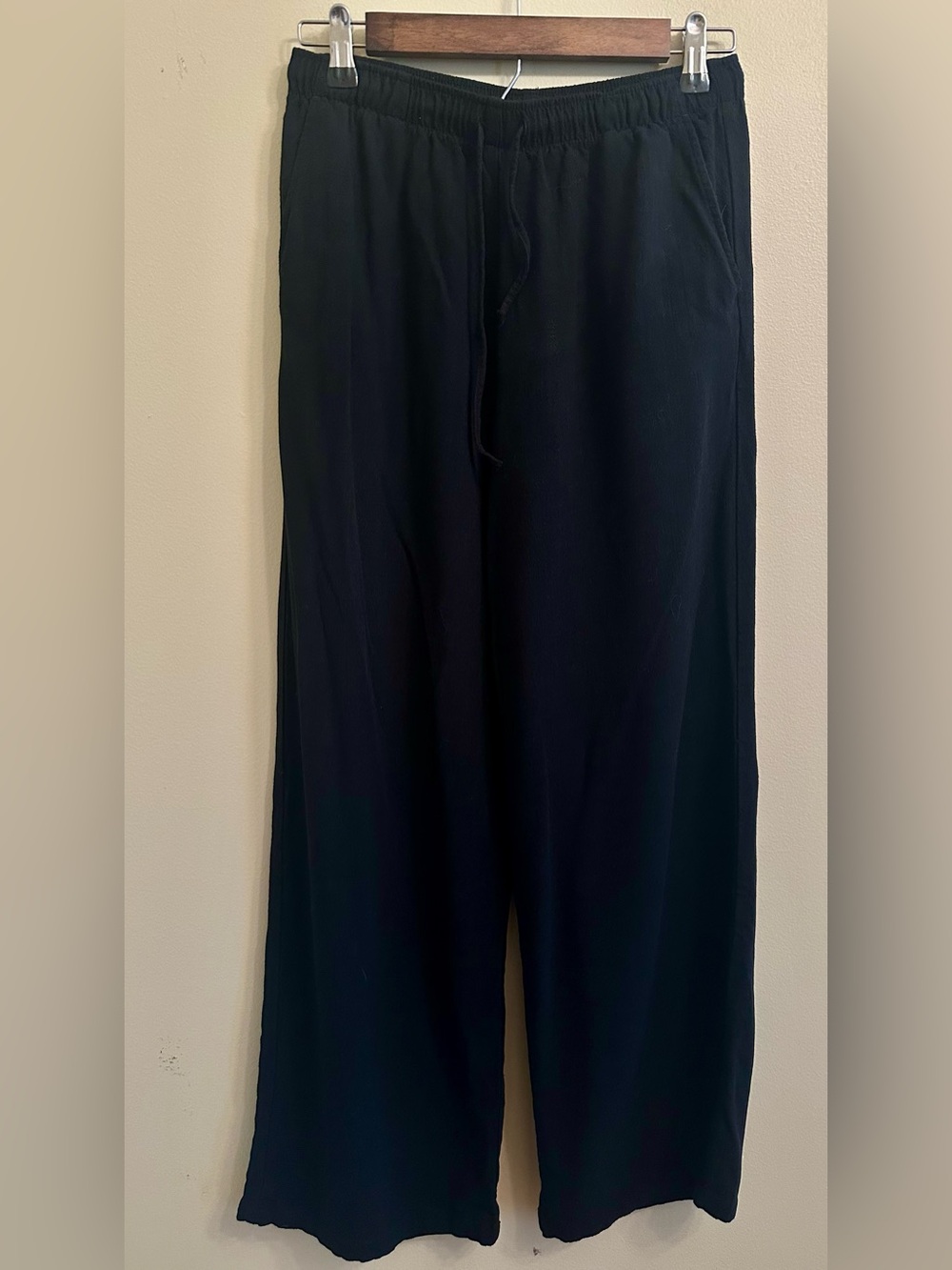 Stradivarius Black Linen Blend Tie Waist Pants Size Medium 1116 - Picture 2 of 6